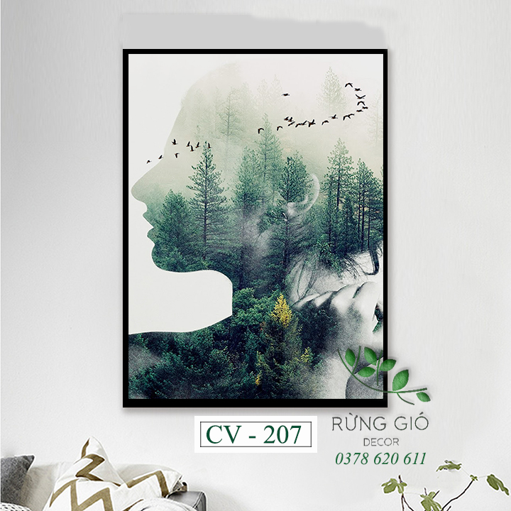 Khung tranh vải canvas hình ảnh phơi sáng kép cô gái và rừng cây độc đáo (CV207)